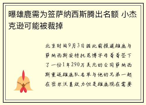 曝雄鹿需为签萨纳西斯腾出名额 小杰克逊可能被裁掉 曝雄鹿需为签萨纳西斯腾出名额 小杰克逊可能被裁掉